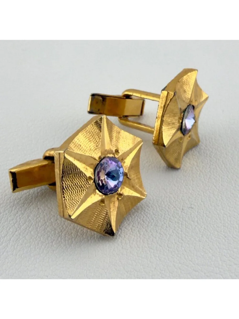 Vintage Gold Tone Hexagon Cufflinks Purple Rhinestone Mid Century